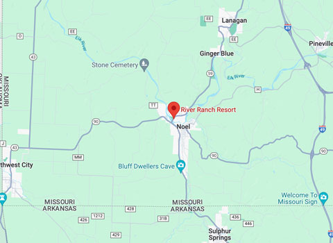 zoomed map of River Ranch Resort Noel, Missouri and surrounding roads